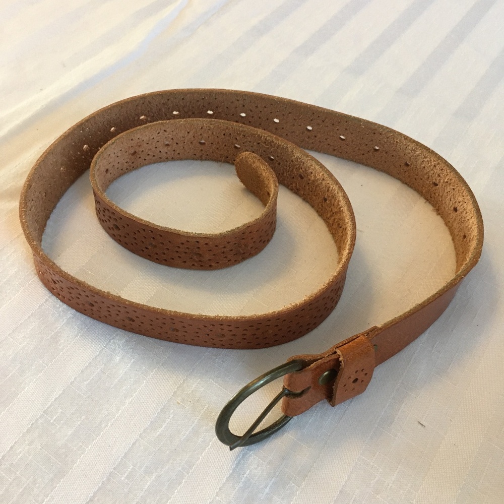 Tan Cognac PEOPLETREE ethical perforated leather belt brass buckle FAIR TRADE